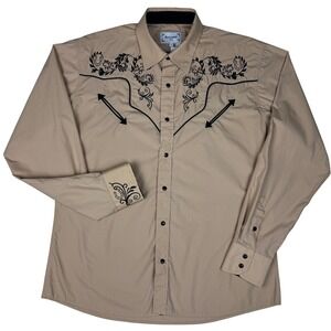 Ace of Diamond Western Shirt Embroidered Horseshoe Cowboy Mens L Tan Snap Rodeo